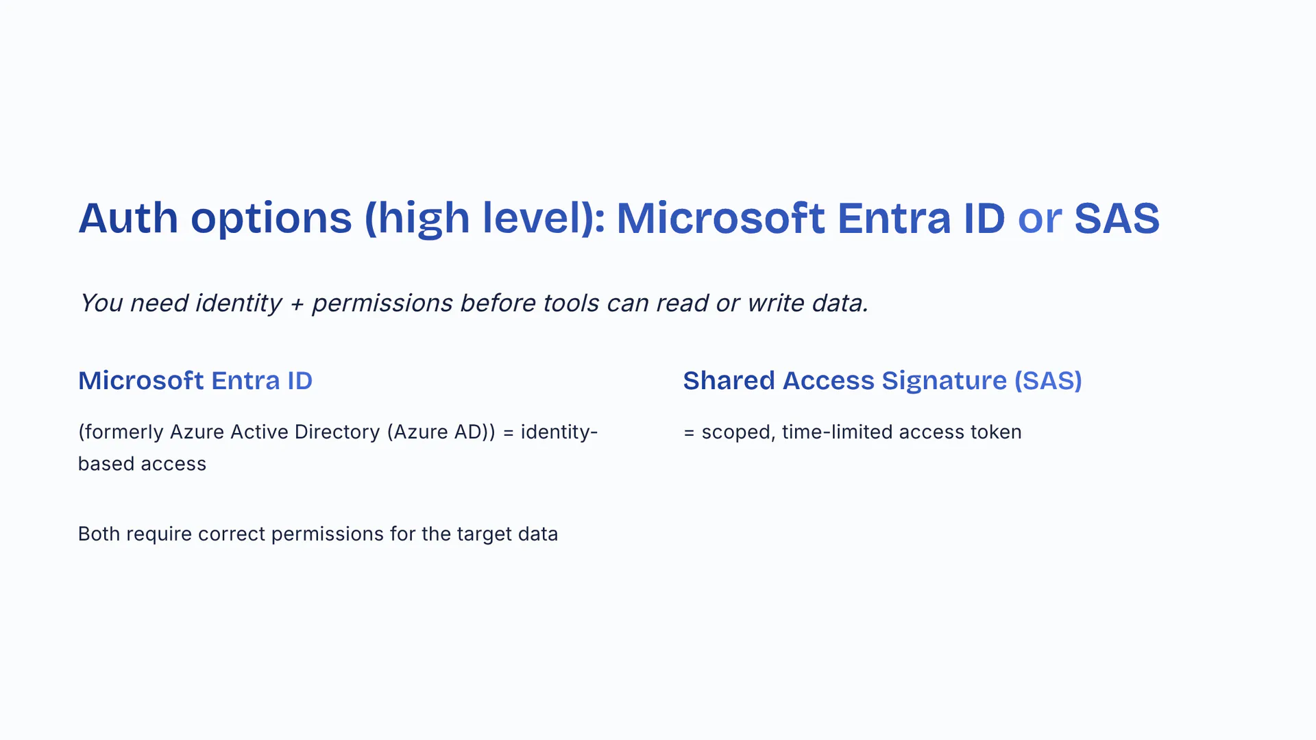 Auth options (high level): Microsoft Entra ID or SAS
